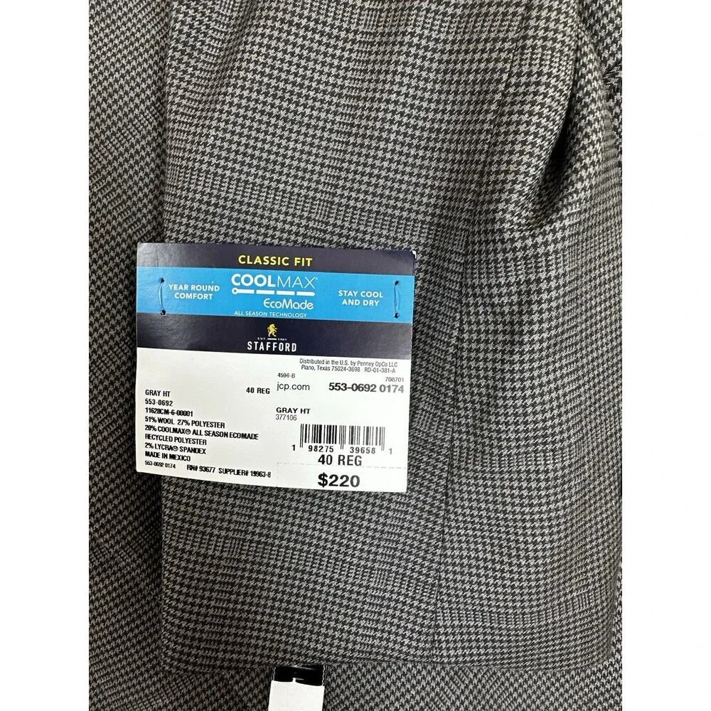 Stafford CoolMax EcoMade Mens  Gray Houndstooth Wool Blend Blazer Jacket Size40R